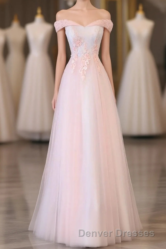 Light Pink Lace Off Shoulder Lonng Prom Dress, Pink Evening Dress Main image