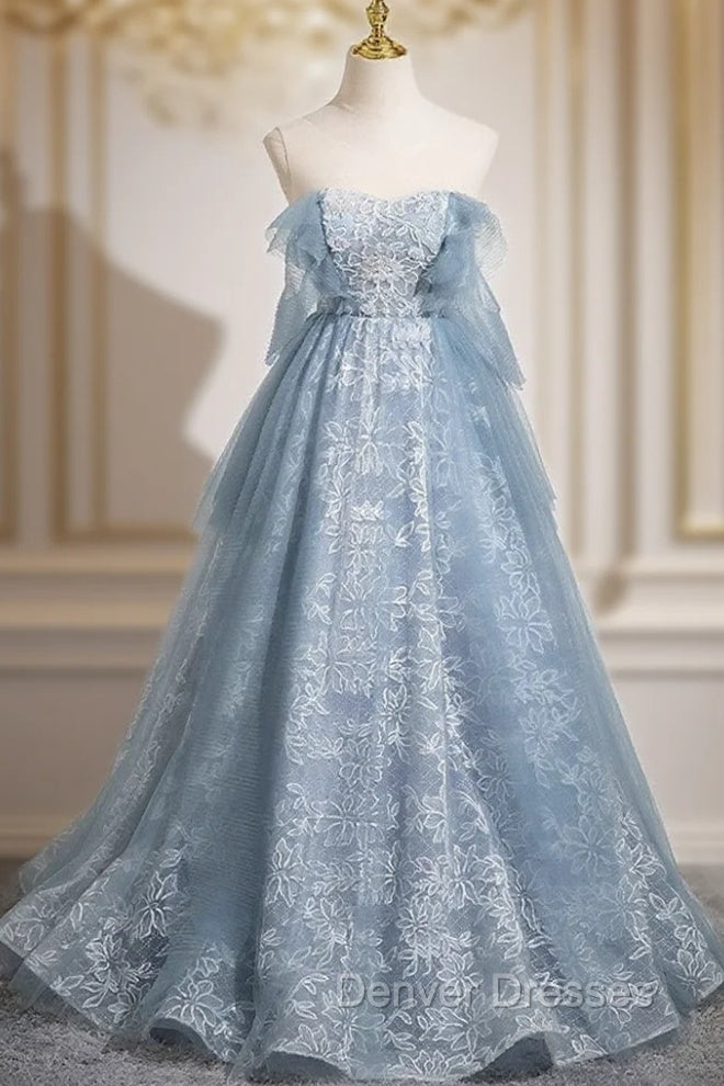 Light Blue A-Line Lace And Tulle Long Party Dress, Blue Round Neckline Prom Dress Main image