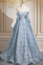 Light Blue A-Line Lace And Tulle Long Party Dress, Blue Round Neckline Prom Dress
