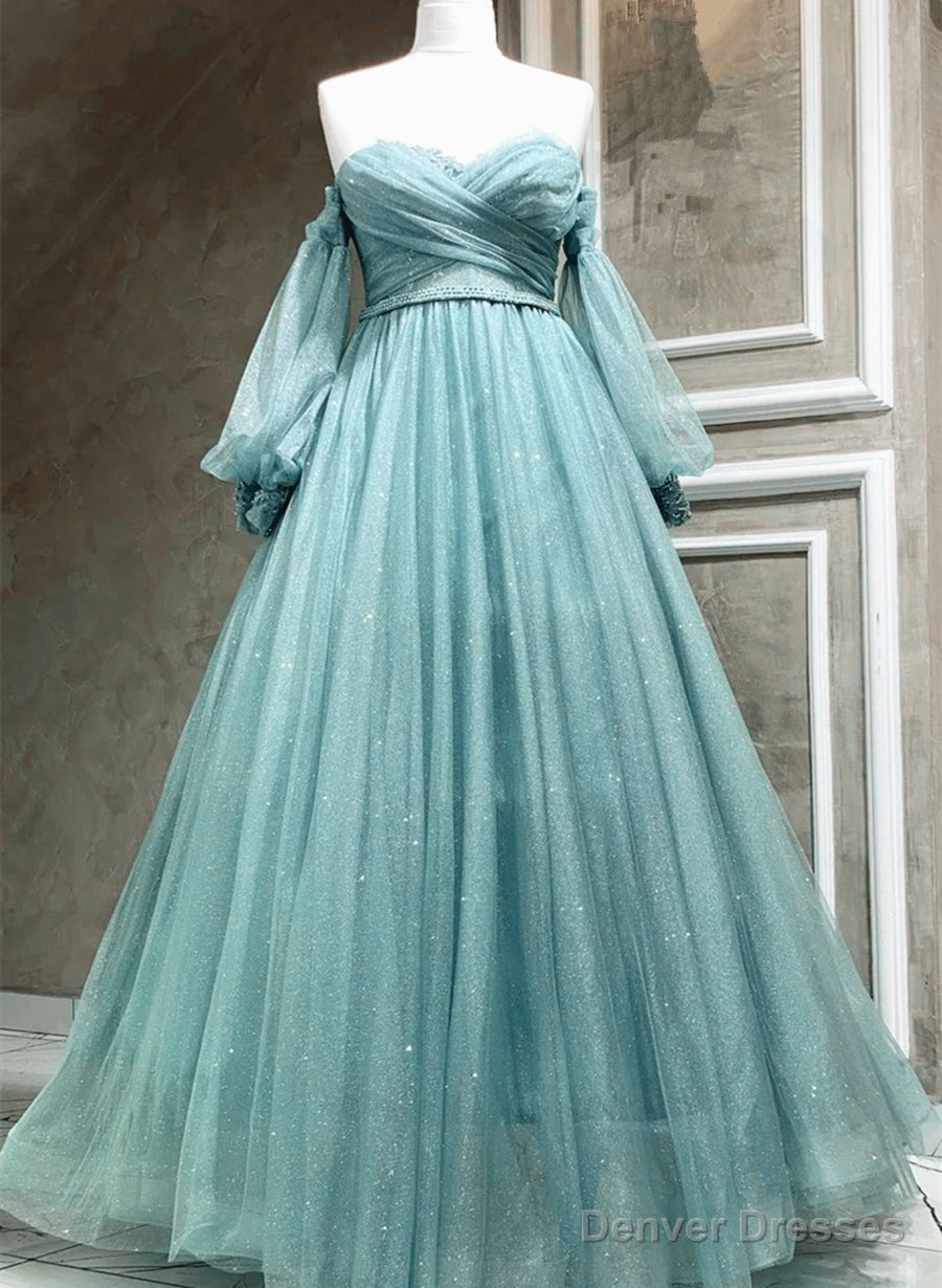 Light Blue A-line Long Sleeves Party Dress with Lace, Sweetheart Long Prom Dress Main image