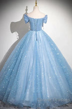 Light Blue A-Line Off Shoulder Tulle Sequins Long Prom Dress Evening Dress