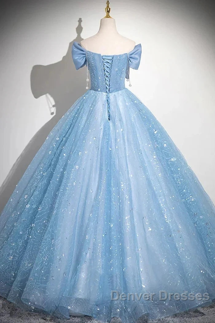 Light Blue A-Line Off Shoulder Tulle Sequins Long Prom Dress Evening Dress