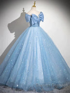 Light Blue A-Line Off Shoulder Tulle Sequins Long Prom Dress Evening Dress