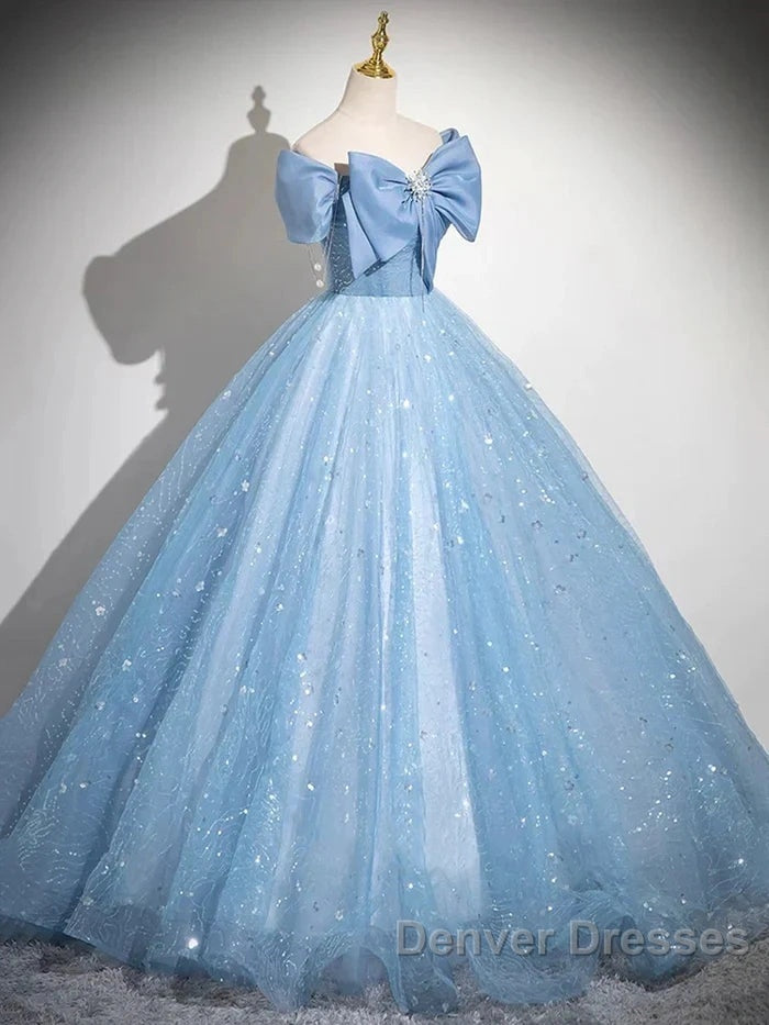 Light Blue A-Line Off Shoulder Tulle Sequins Long Prom Dress Evening Dress