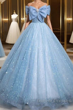 Light Blue A-Line Off Shoulder Tulle Sequins Long Prom Dress Evening Dress