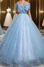 Light Blue A-Line Off Shoulder Tulle Sequins Long Prom Dress Evening Dress
