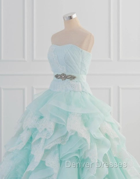 Light Blue A-Line Strapless Tulle Lace Long Prom Dress Vintage Wedding Dress Secondary image