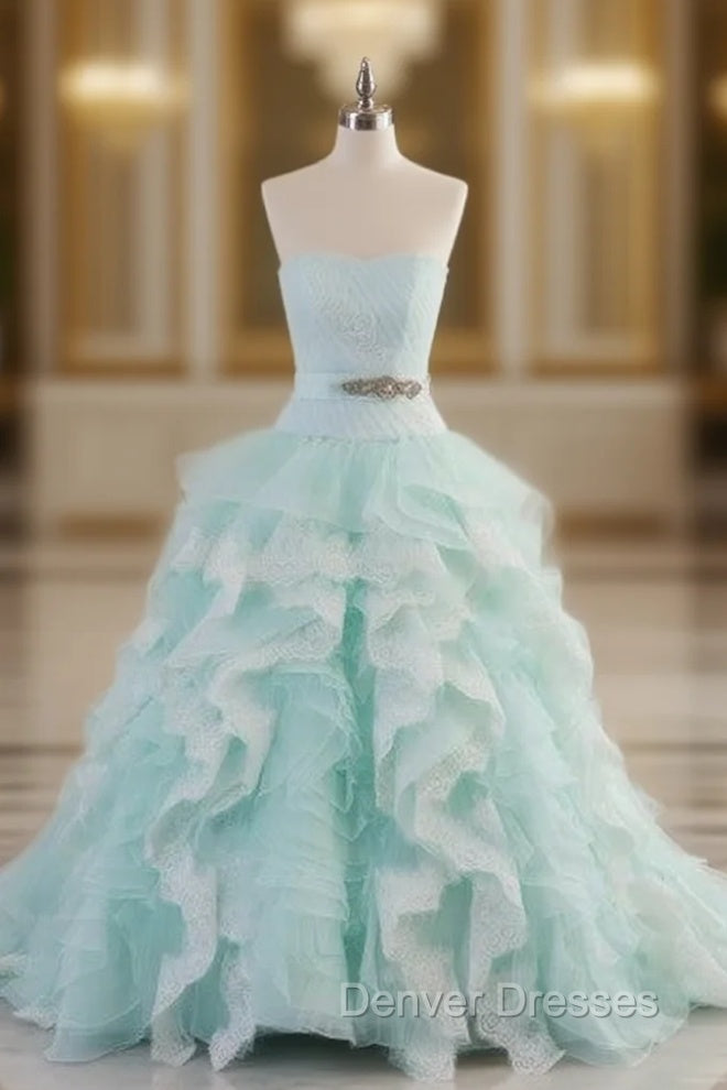 Light Blue A-Line Strapless Tulle Lace Long Prom Dress Vintage Wedding Dress Main image
