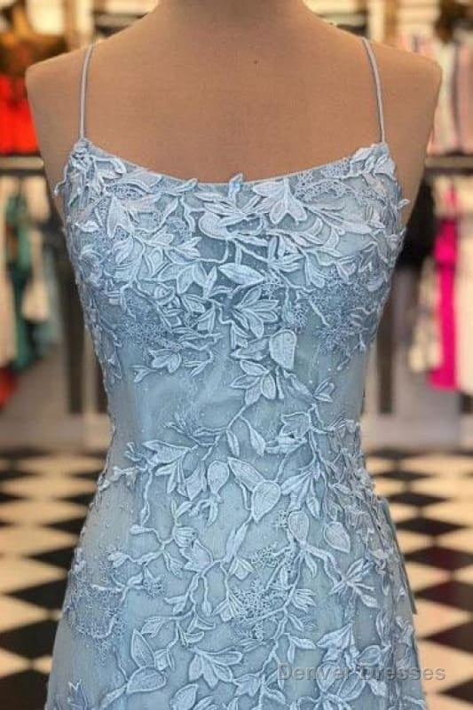 Light Blue Appliques Spaghetti Straps Lace-Up Mermaid Prom Dress Secondary image