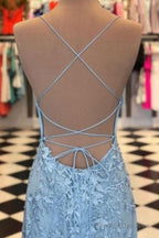 Light Blue Appliques Spaghetti Straps Lace-Up Mermaid Prom Dress