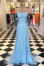 Light Blue Appliques Spaghetti Straps Lace-Up Mermaid Prom Dress