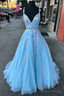 Light Blue Appliques V-Neck Belted A-Line Prom Dress