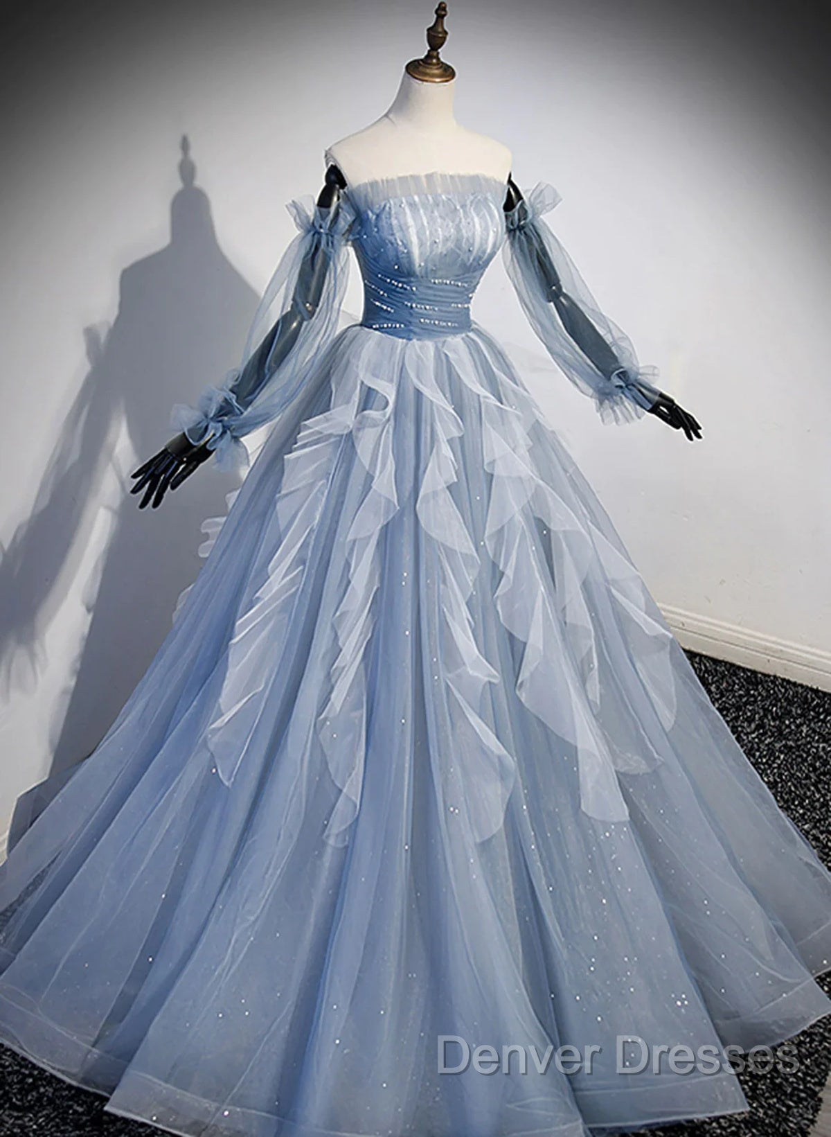 Light Blue Ball Gown Long Sleeves Beaded Party Dress, Light Blue Prom Dress Secondary image