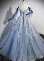 Light Blue Ball Gown Long Sleeves Beaded Party Dress, Light Blue Prom Dress