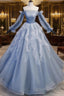 Light Blue Ball Gown Long Sleeves Beaded Party Dress, Light Blue Prom Dress