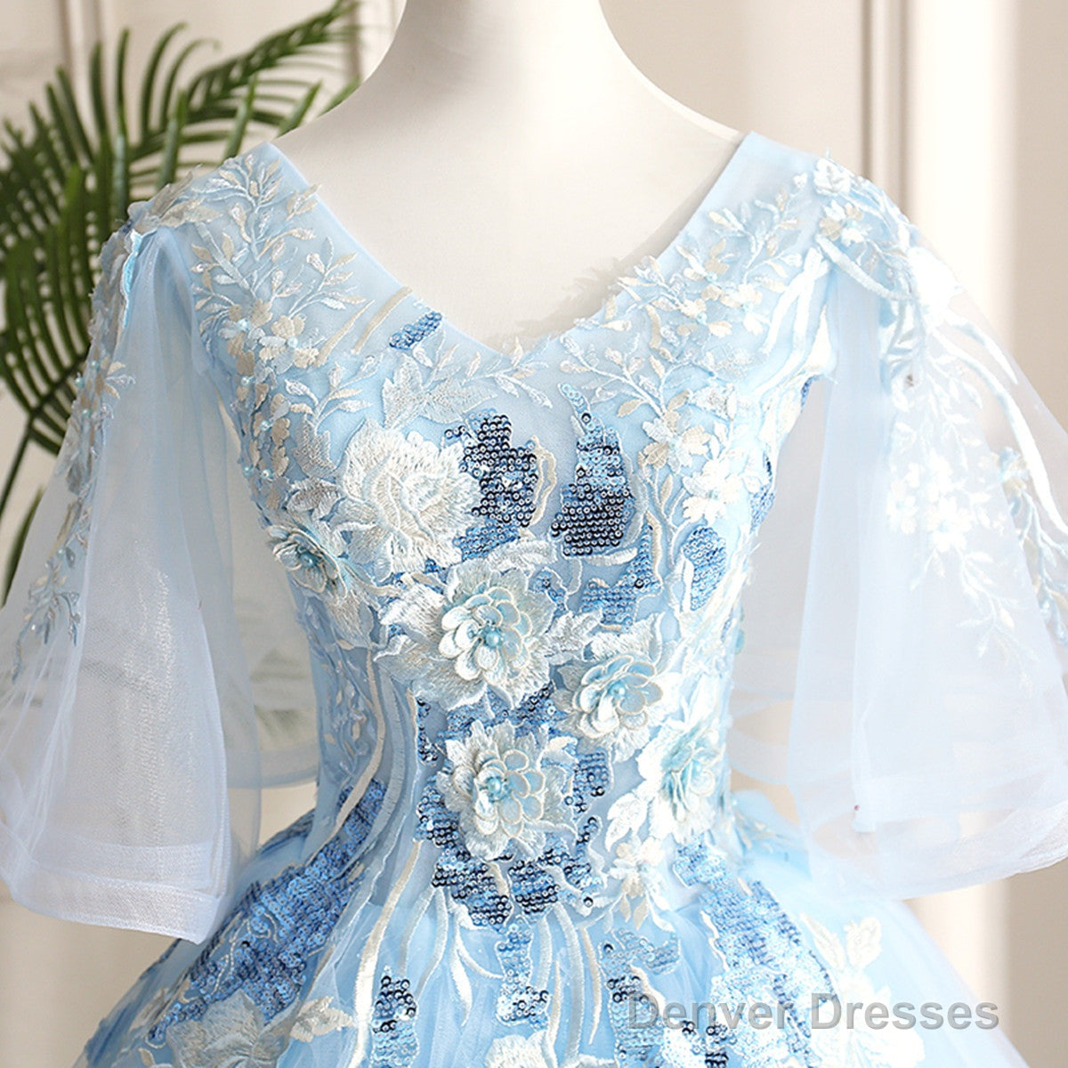 Light Blue Ball Gown V-Neckline Puffy Sleeves Party Dress, Light Blue Prom Dress Secondary image