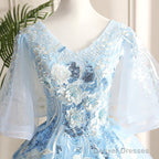 Light Blue Ball Gown V-Neckline Puffy Sleeves Party Dress, Light Blue Prom Dress