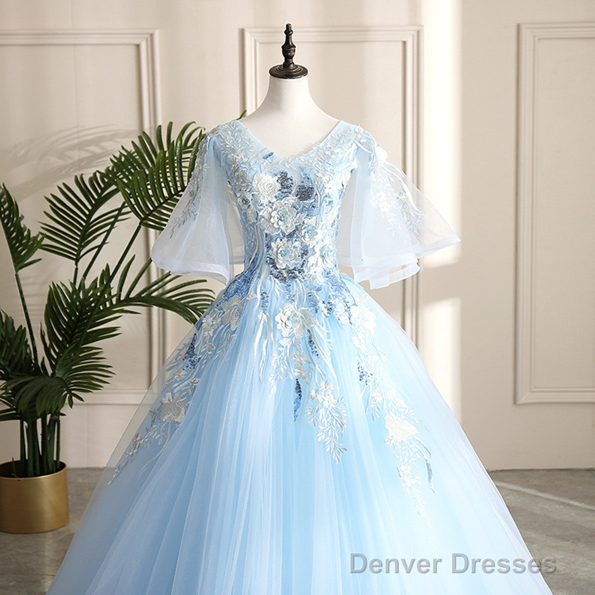 Light Blue Ball Gown V-Neckline Puffy Sleeves Party Dress, Light Blue Prom Dress