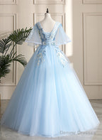 Light Blue Ball Gown V-Neckline Puffy Sleeves Party Dress, Light Blue Prom Dress