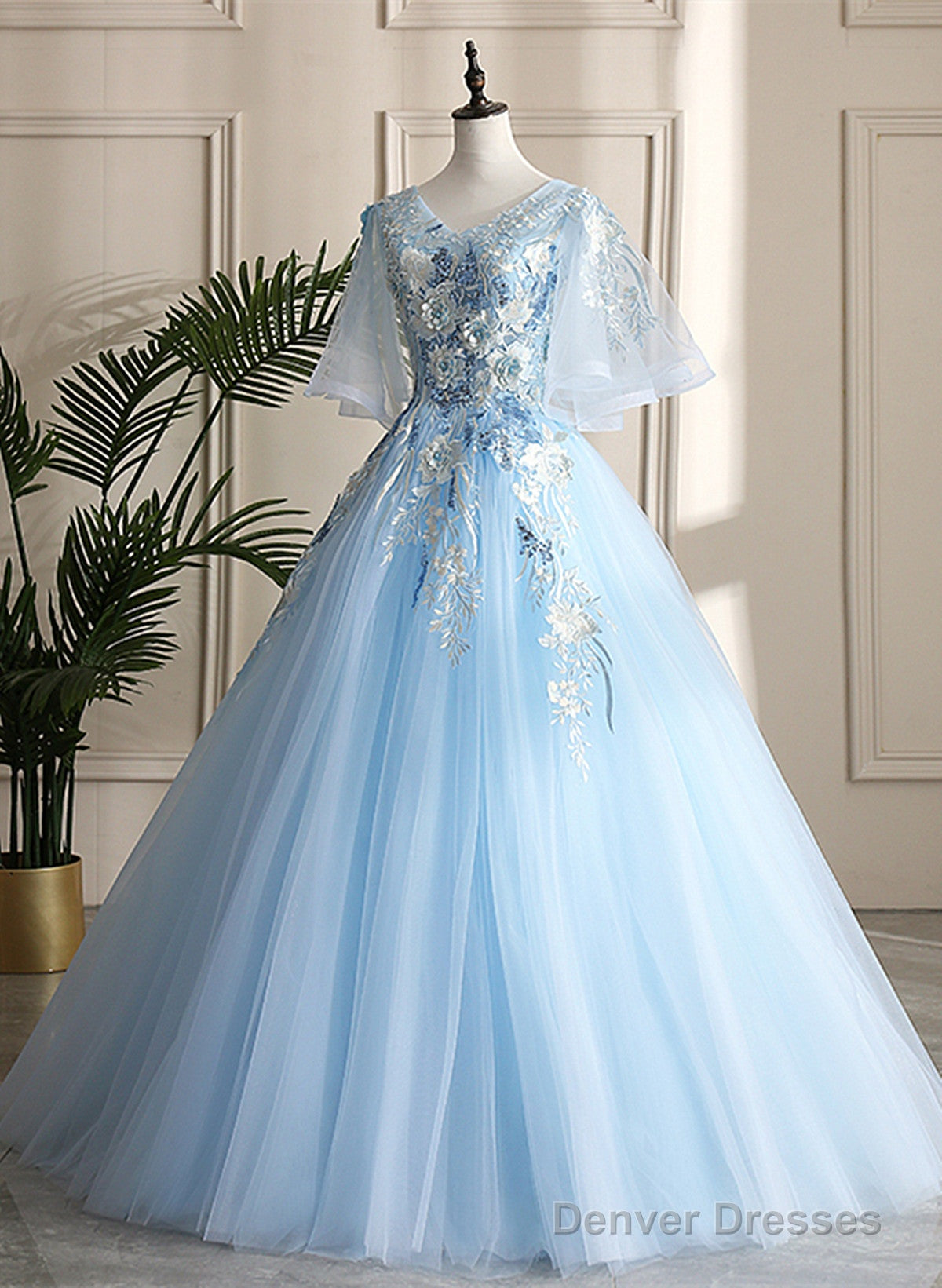 Light Blue Ball Gown V-Neckline Puffy Sleeves Party Dress, Light Blue Prom Dress Main image