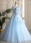 Light Blue Ball Gown V-Neckline Puffy Sleeves Party Dress, Light Blue Prom Dress