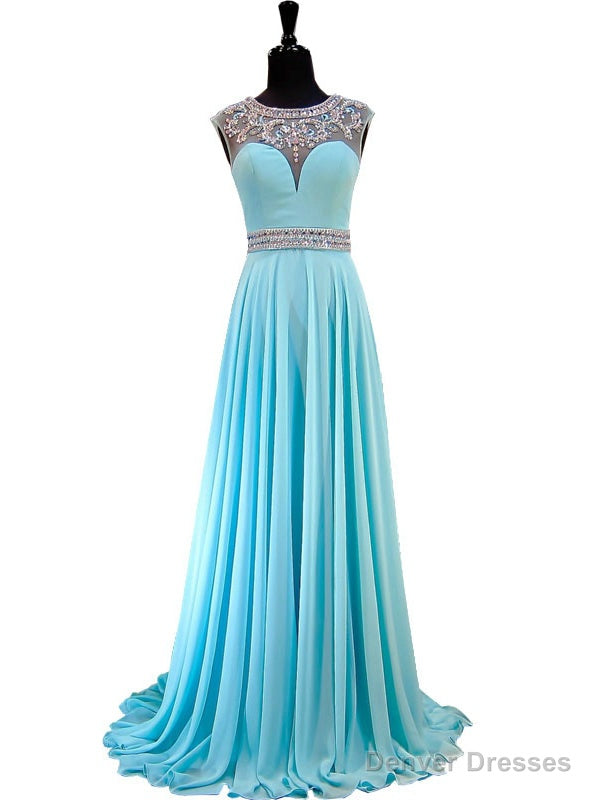Light Blue Beaded Crystals Sheer Back African Chiffon Prom Dress Main image