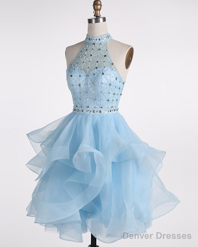 Light Blue Beaded Layers Knee Length Party Dress, Blue Homecoming Dress Short Prom Dress Secondary image