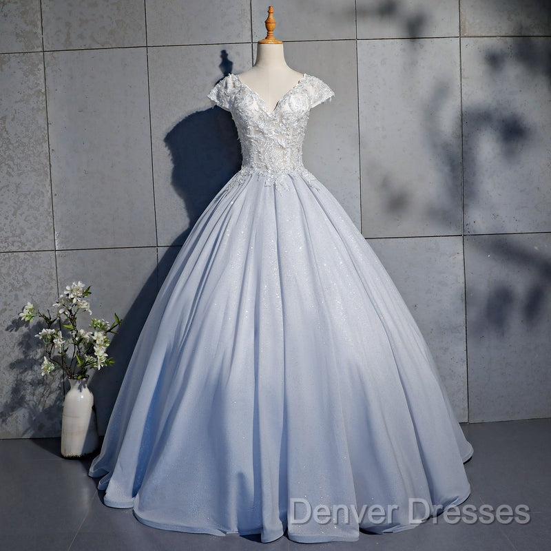 Light Blue Cap Sleeves Lace Top Ball Gown Sweet 16 Gown, Light Blue Prom Dress Formal Dress Secondary image
