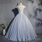 Light Blue Cap Sleeves Lace Top Ball Gown Sweet 16 Gown, Light Blue Prom Dress Formal Dress