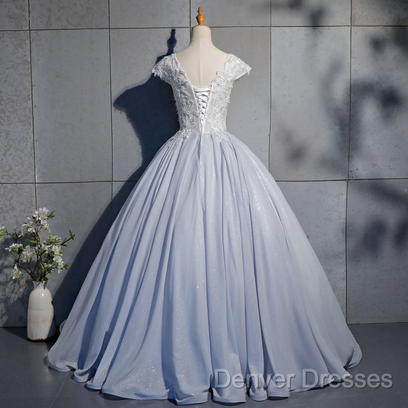 Light Blue Cap Sleeves Lace Top Ball Gown Sweet 16 Gown, Light Blue Prom Dress Formal Dress
