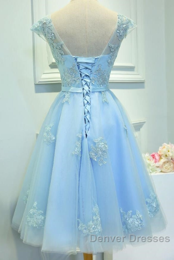 Light Blue Cap Sleeves Tea Length Vintage Style Formal Dress, Blue Homecoming Dress Secondary image