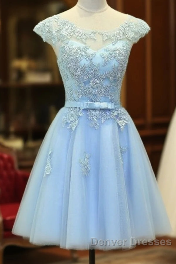 Light Blue Cap Sleeves Tea Length Vintage Style Formal Dress, Blue Homecoming Dress Main image