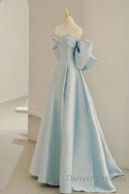 Light Blue Chic Satin Off Shoulder Long Party Dress, A-Line Light Blue Formal Dress