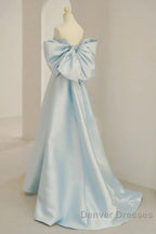Light Blue Chic Satin Off Shoulder Long Party Dress, A-Line Light Blue Formal Dress