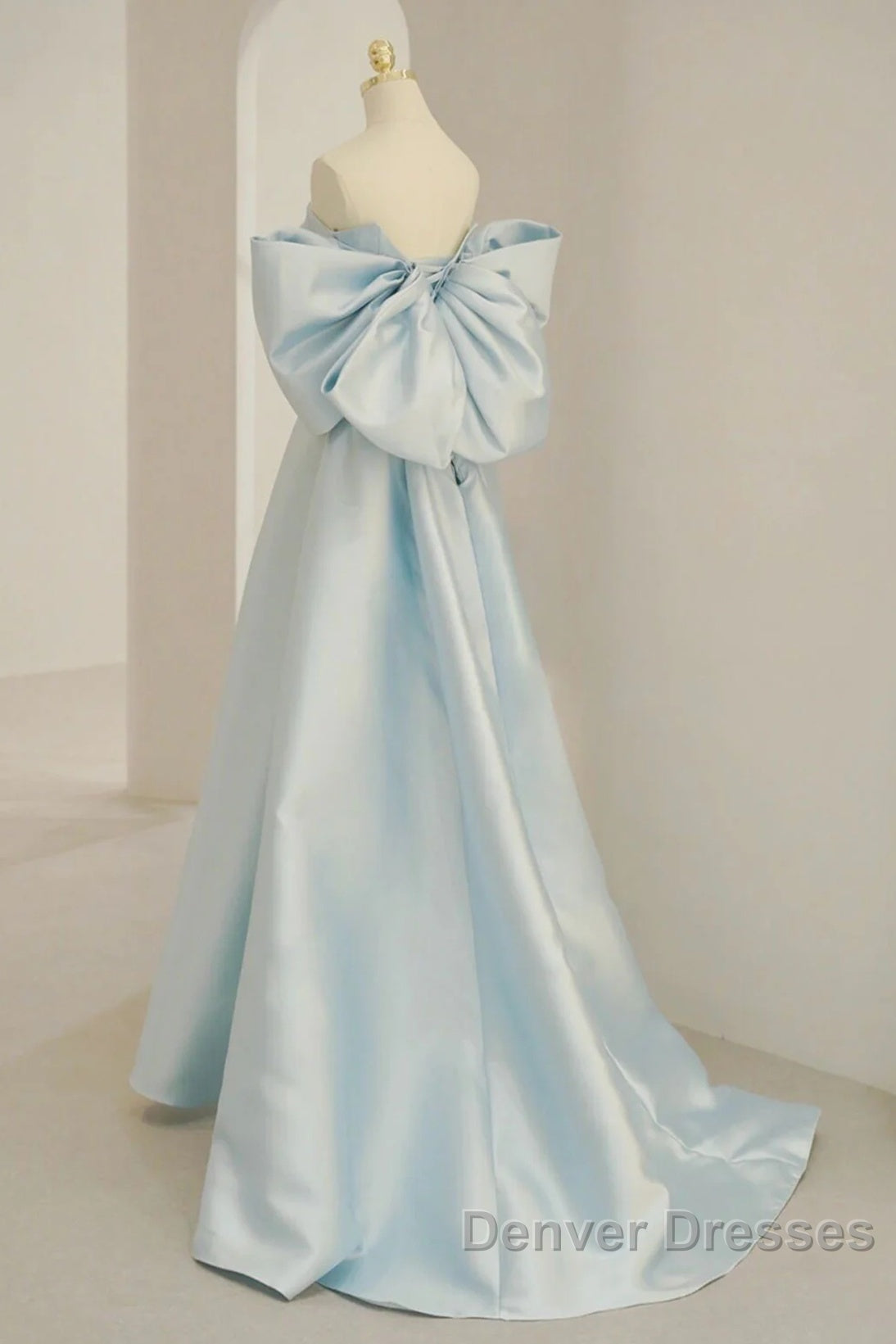 Light Blue Chic Satin Off Shoulder Long Party Dress, A-Line Light Blue Formal Dress