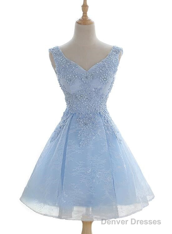 Light Blue Cute V-Neckline Lace Short Party Dress, Lace Formal Dress, Lace Party Dresses Main image