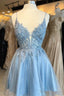 Light Blue Floral Lace Plunge Neck A-Line Short Party Dress