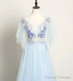 Light Blue Flower Lace V-neckline Puffy Sleeves Long Party Dress, Blue Prom Dress Evening Dress