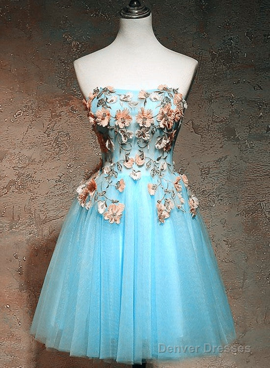 Light Blue Flowers Cute Tulle Knee Length Party Dress, Blue Floral Homecoming Dress Prom Dress Main image