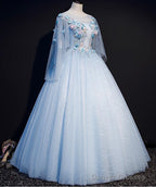 Light Blue Flowers Lace Round Neckline Ball Gown Sweet 16 Dress, Blue Long Formal Dresses