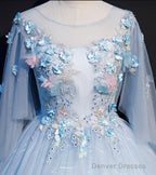 Light Blue Flowers Lace Round Neckline Ball Gown Sweet 16 Dress, Blue Long Formal Dresses