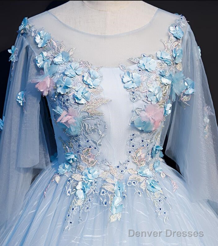 Light Blue Flowers Lace Round Neckline Ball Gown Sweet 16 Dress, Blue Long Formal Dresses