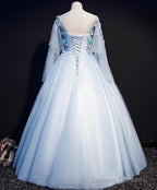 Light Blue Flowers Lace Round Neckline Ball Gown Sweet 16 Dress, Blue Long Formal Dresses