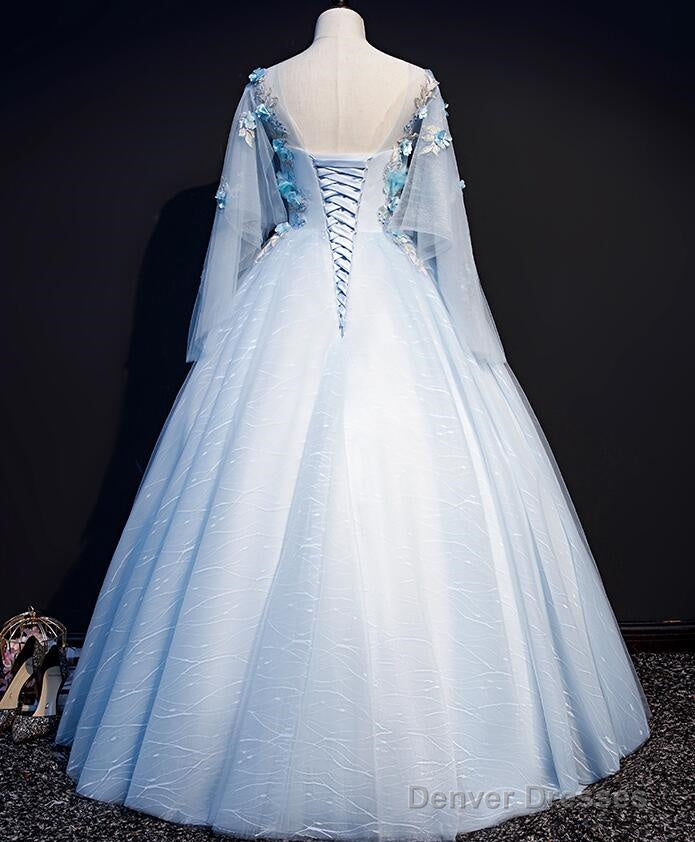 Light Blue Flowers Lace Round Neckline Ball Gown Sweet 16 Dress, Blue Long Formal Dresses