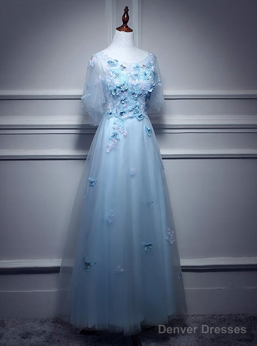 Light Blue Flowers Long Party Dress, A-line Tulle Party Dress Evening Dress Secondary image