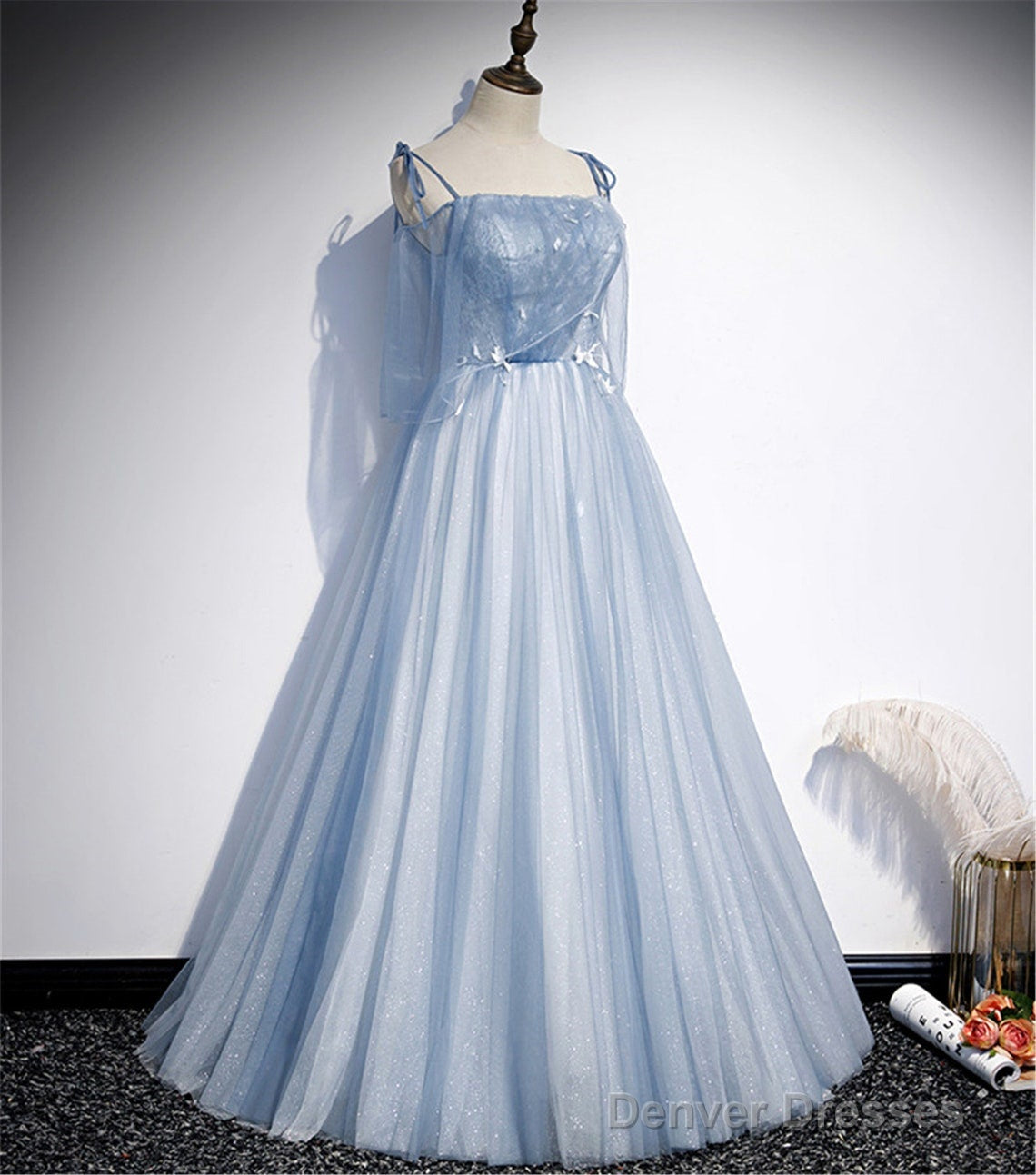 Light  Blue Glitter Spaghetti Straps Formal Dress,  Lace Up Back Wedding Dress Glitter Tulle Prom Dresses Secondary image