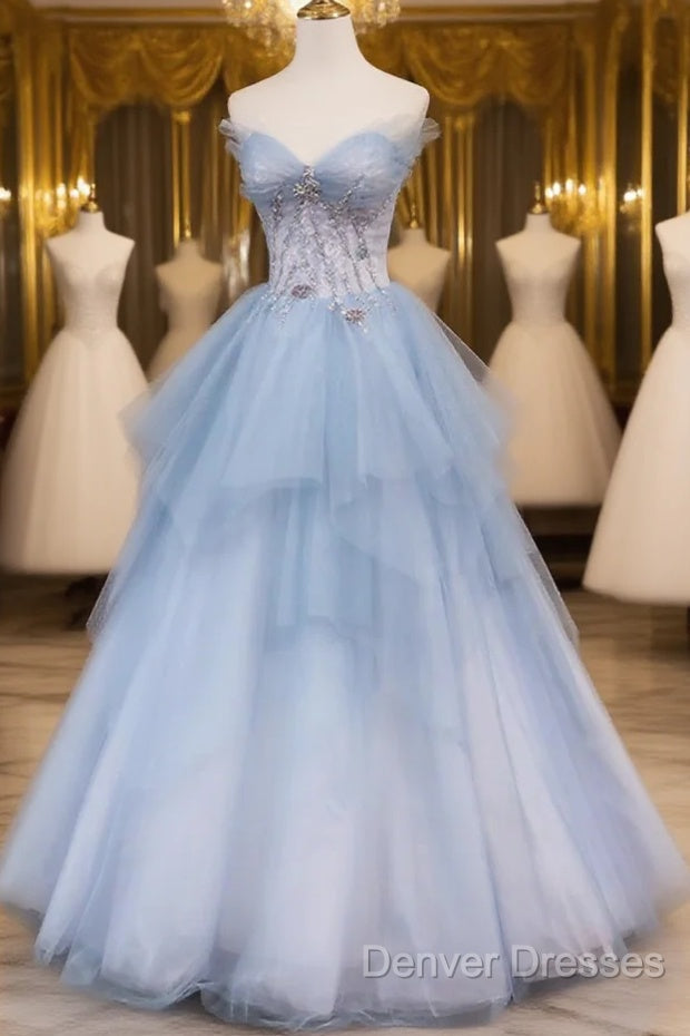 Light Blue Gradient Tulle With Beaded Long Formal Dress, Light Blue Long Prom Dress Main image