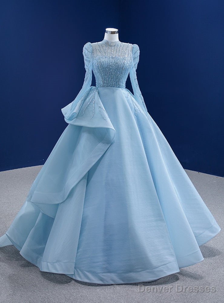 Light Blue High Neck Beading Sequins Prom Dress Main image