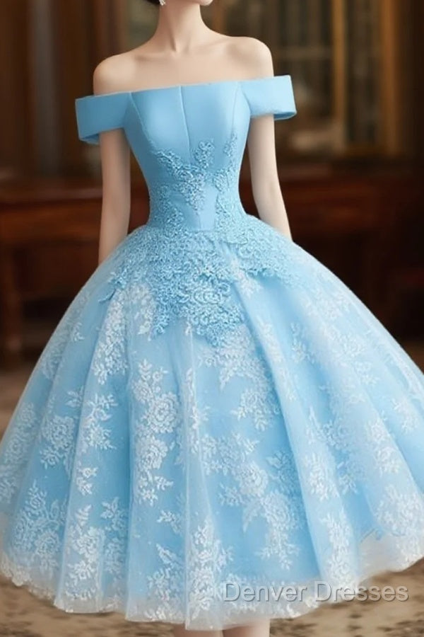 Light Blue Lace And Satin Short Party Dress, Blue Homecoming Dress Main image