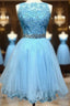 Light Blue Lace Appliques Short Homecoming Dress